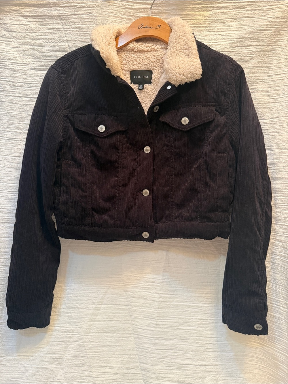 Love Tree Black Corduroy Jacket with Cream Sherpa Collar